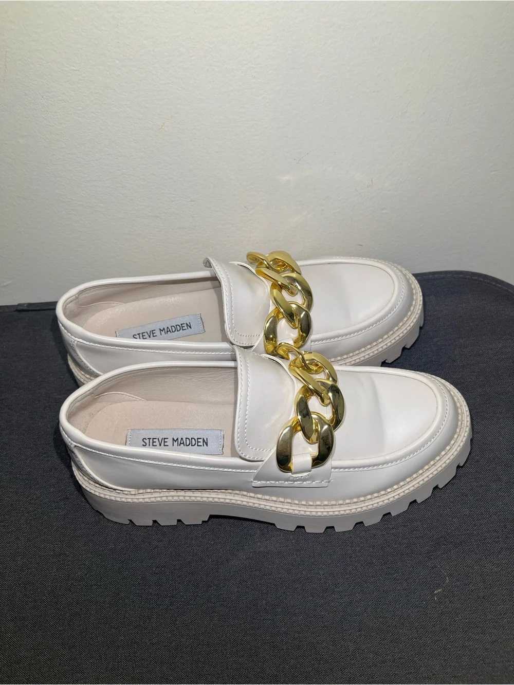Steve Madden Cream-White Loafers with Gold Chain Detail